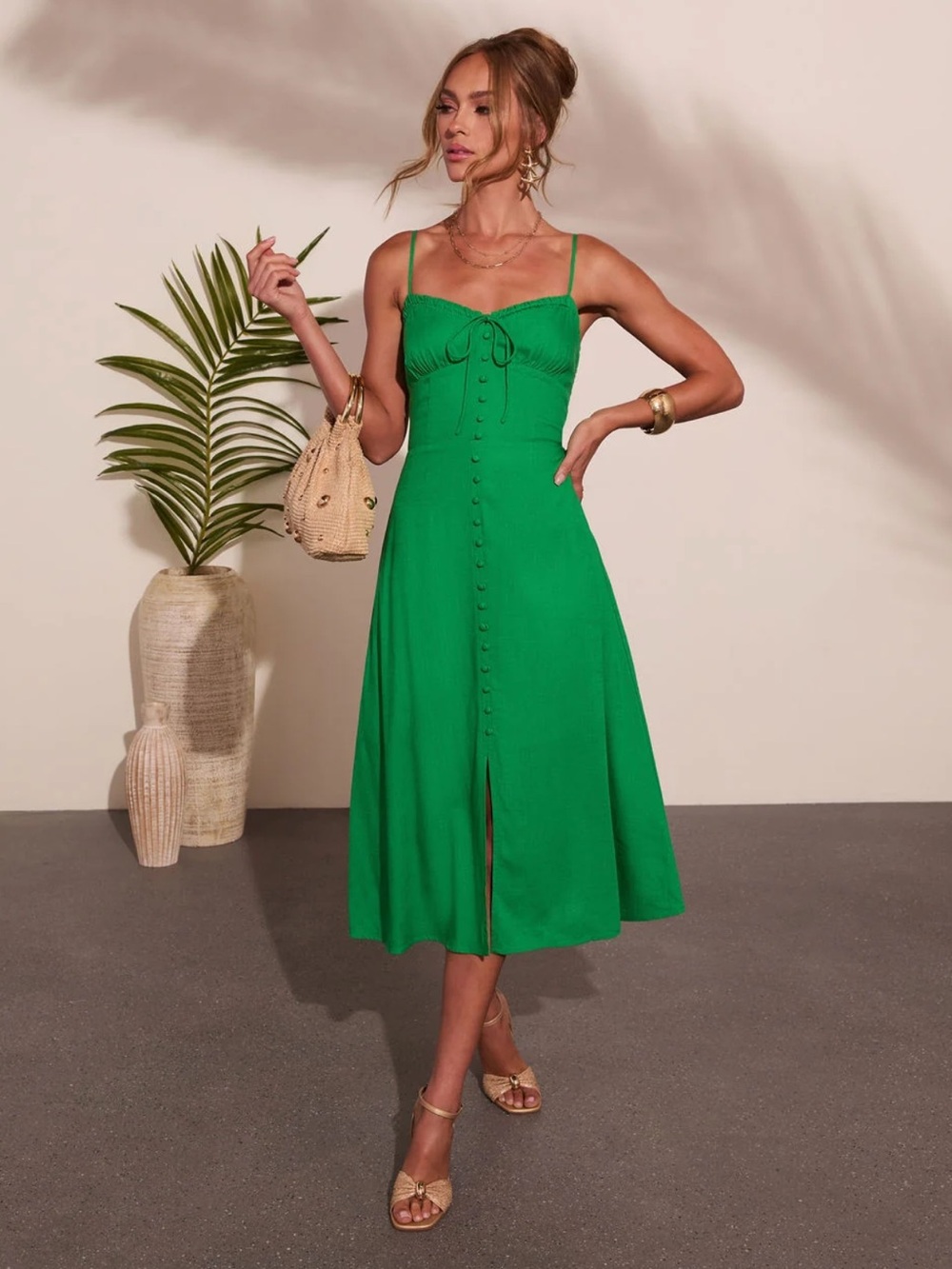 NWT Vici Tropic Breeze Linen Blend Sweetheart Midi Dress Kelly Green Size S $78